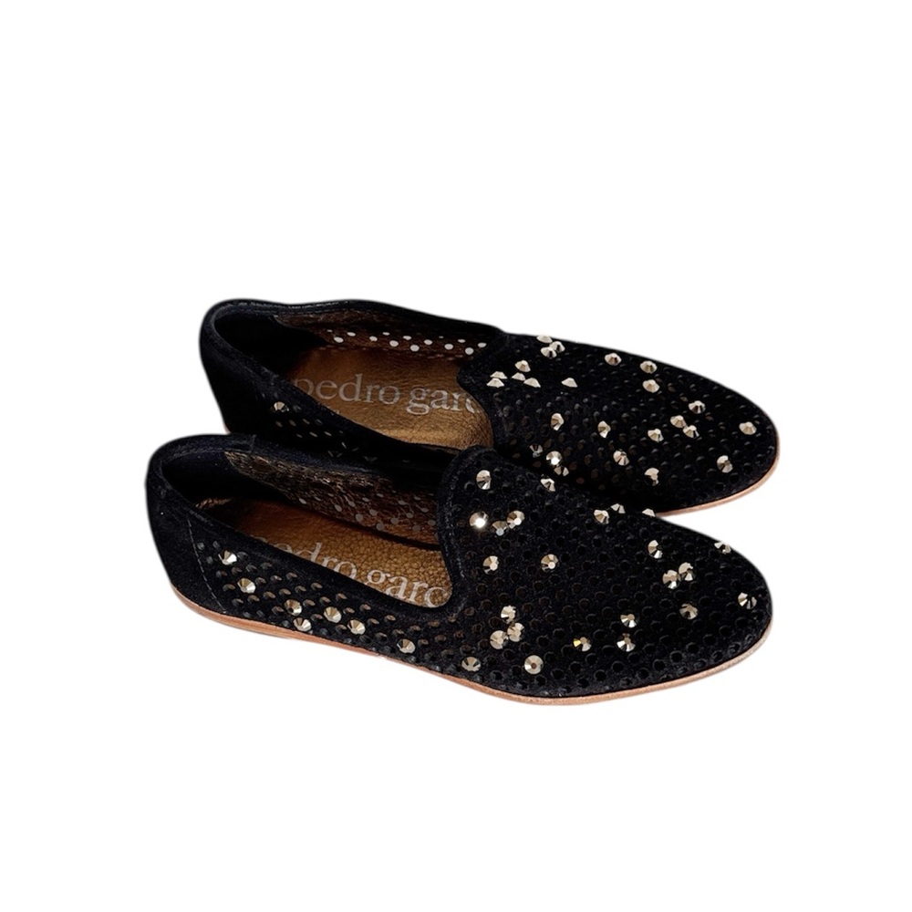 Pedro Garcia Yaden Bedazzled Black Perforated Studded Flats Shoes size 36.5 EU